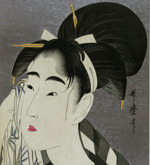 Ukiyo-e print by Utamaro, circa 1800, printed with mica  background. (Wikipedia)