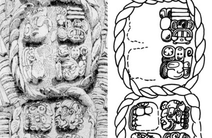 Copan Stela detail by Catherwood and sketch from the "Maya Decipherment" blog.