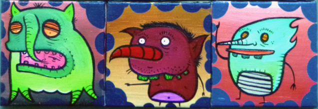 Tiny monster paintings (2 inch squares) by SCOM, collection of Sean Sweeney