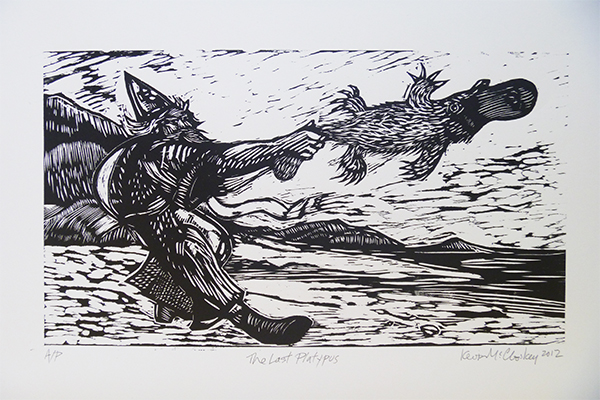 The Last Platypus in Ireland, 14 by 22 in, woodblock, 2011, KMc
