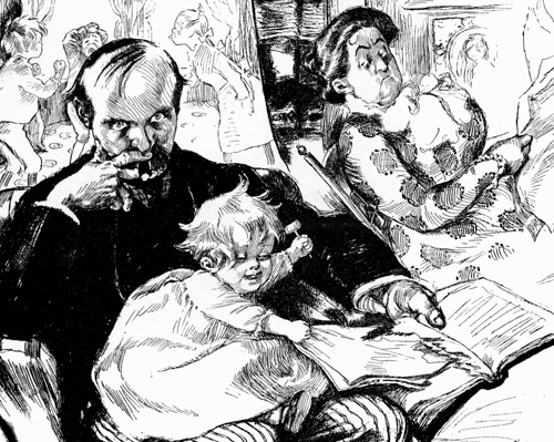 Detail of a father at wit's end by Rose O'Neil. Puck Magazine, circa 1900, from Bonniebrook Historical Archives.