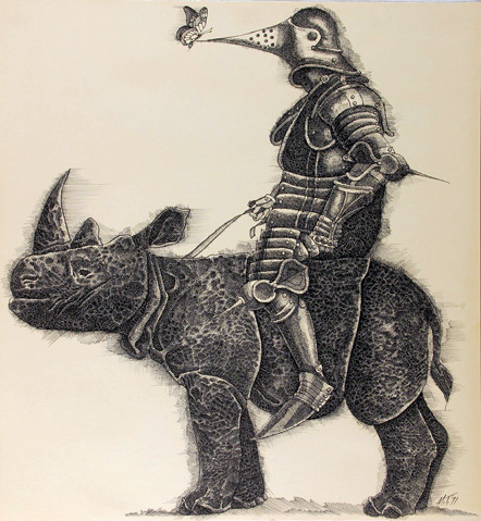 Knight on Rhinoceros, pen and ink, 1971, © Murray Tinkelman.