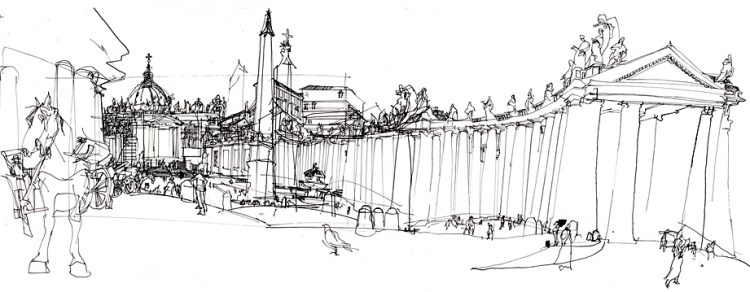 Panoramic drawing of St Peter's Square, Rome. © Veronica Lawlor