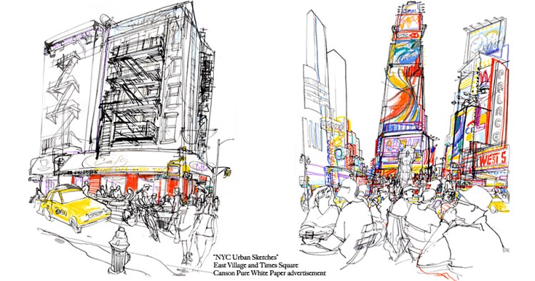 Times Square urban sketches for Canson Paper © Veronica Lawlor.