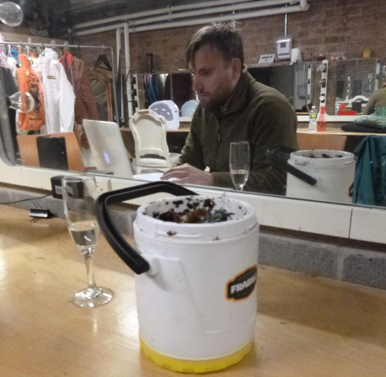 Neil Numberman and my bucket of worms in the dressing room at Dixon Place Theater. 
